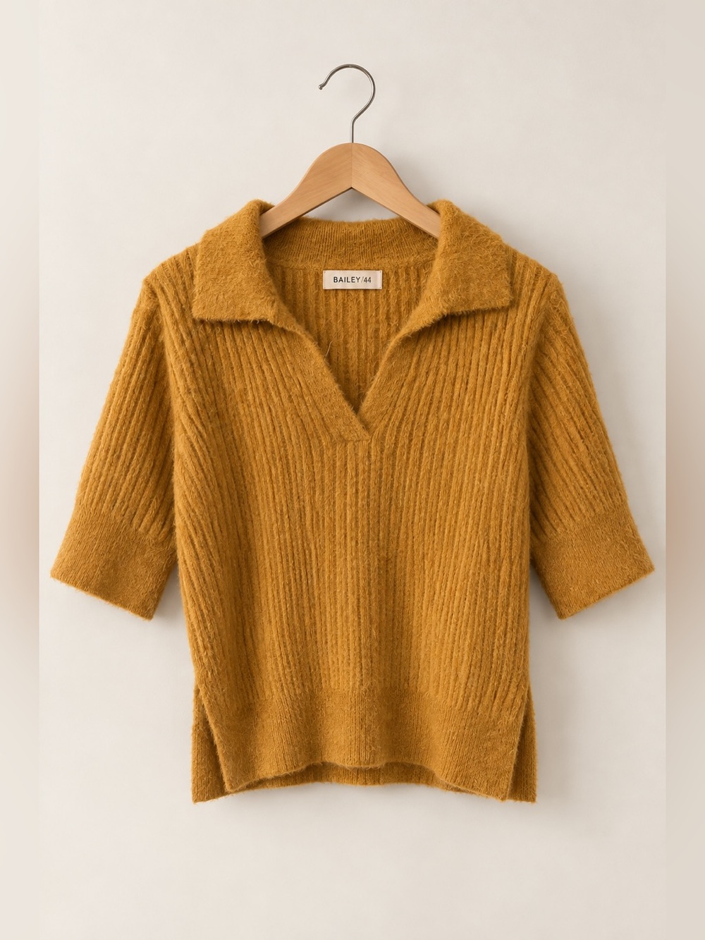 Bailey/44 | Mustard Gold Fuzzy Ribbed Collared Short Sleeve Sweater Top Hipster